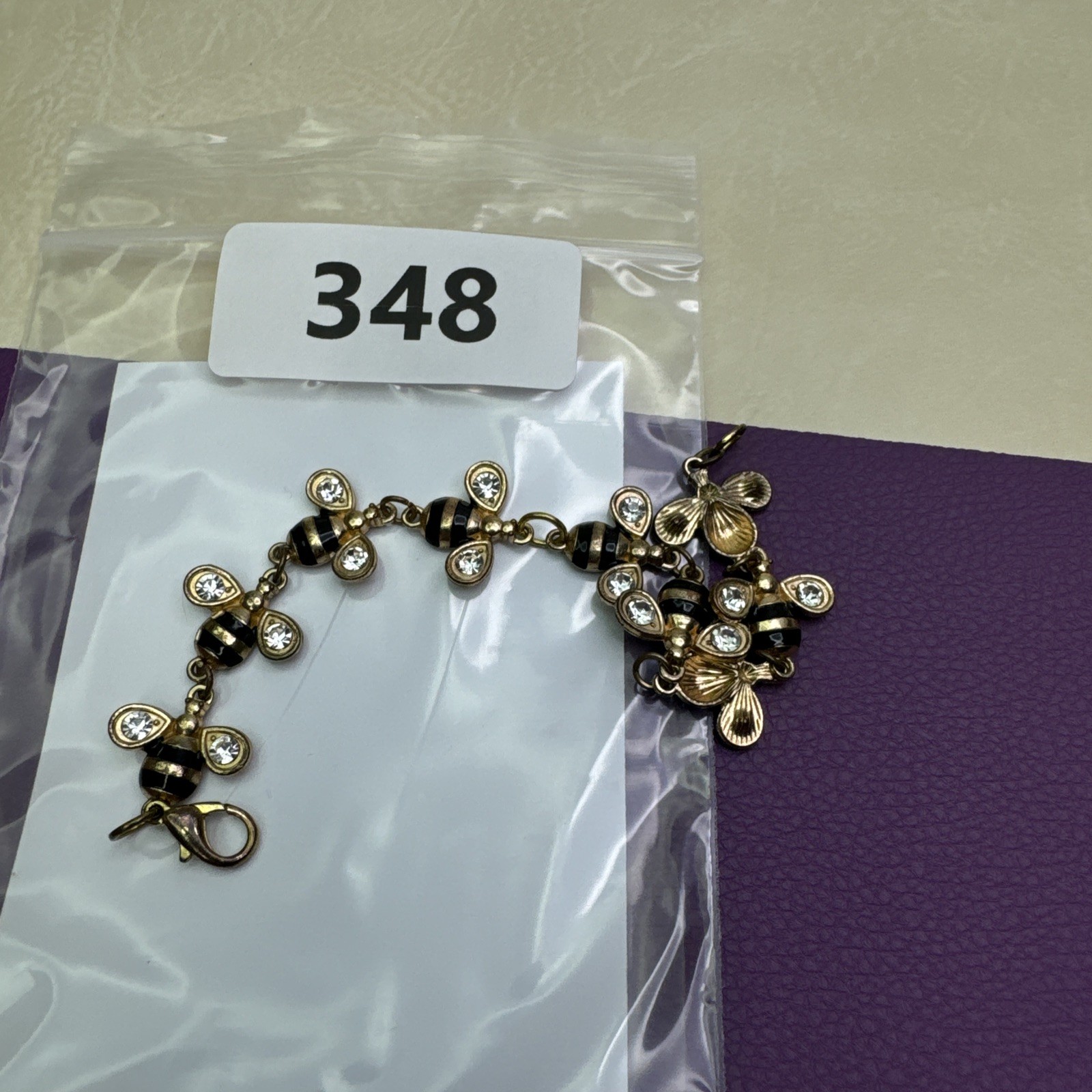 Bees Chain Bracelet Gold Tone Rhinestone Wings Black Enamel Lobster Clasp 7.5″
