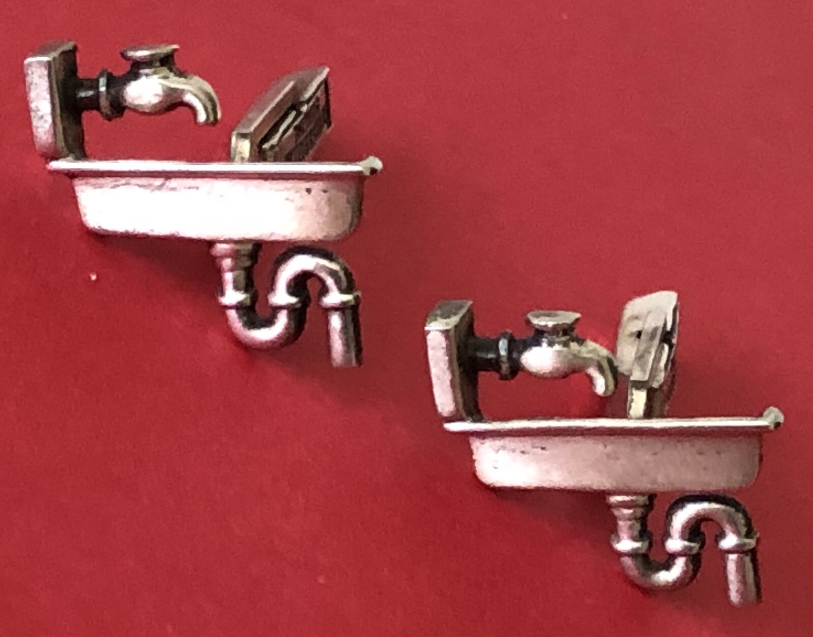 Vtg Sterling Silver Figural Kitchen Sink Father’s Day Gift Dad Joke CUFFLINKS