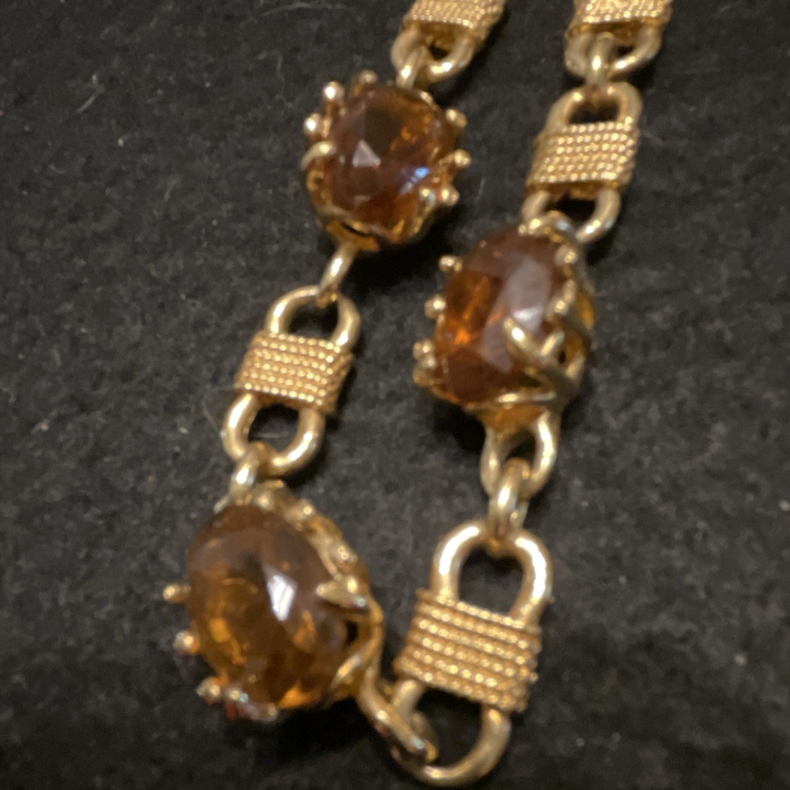 Gold Tone Amber Glass Prong Set Chunky Cable Chain Bracelet Lobster 7.5”