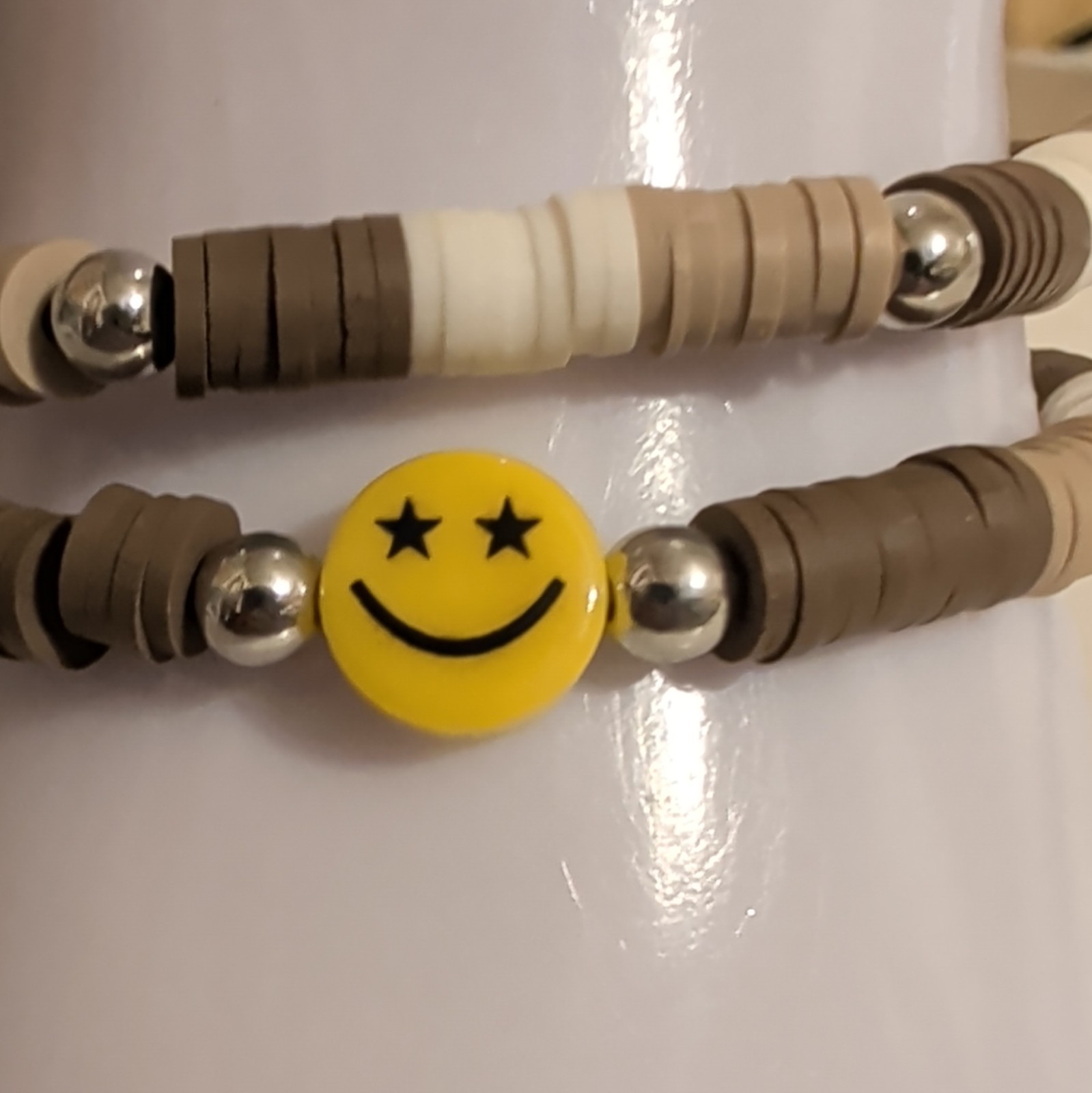 Stackable Beaded Stretch Bracelet Set Beige Brown White w/ Yellow Smiley Charm