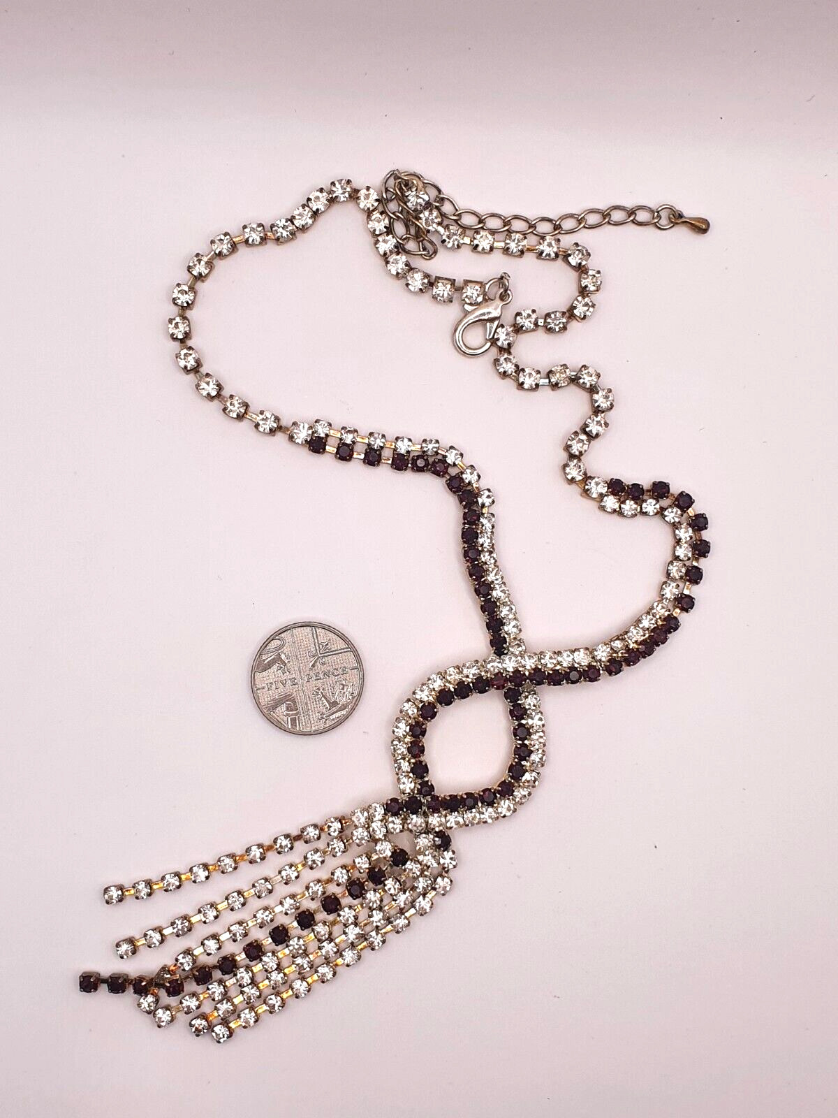 Sparkly Purple Clear Rhinestone Silver Tone Crossover Tassel Y-Drop Necklace