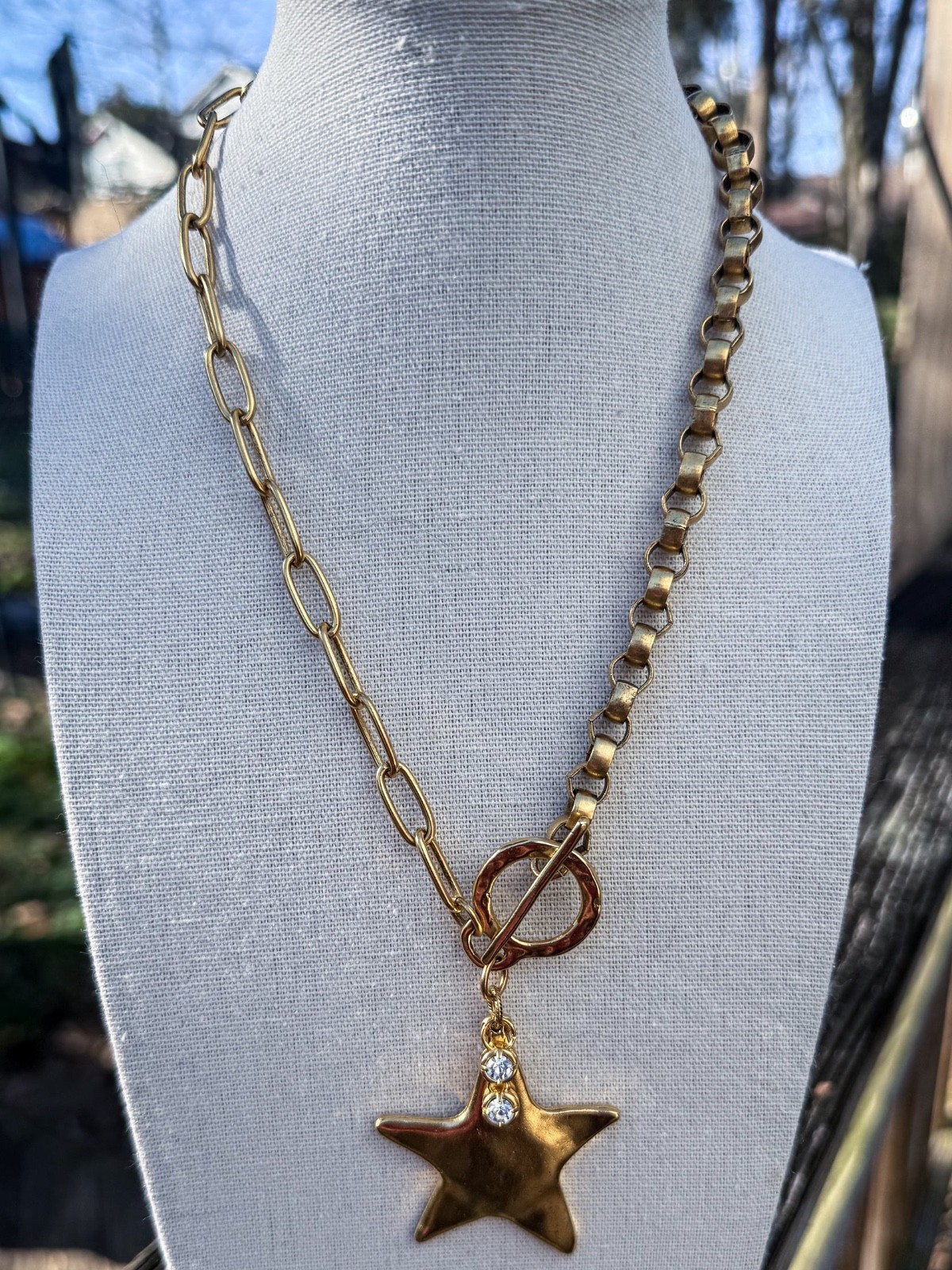 Celestial Gold Star Pendant Necklace Mixed Paperclip Rolo Chain Toggle 12k Finis