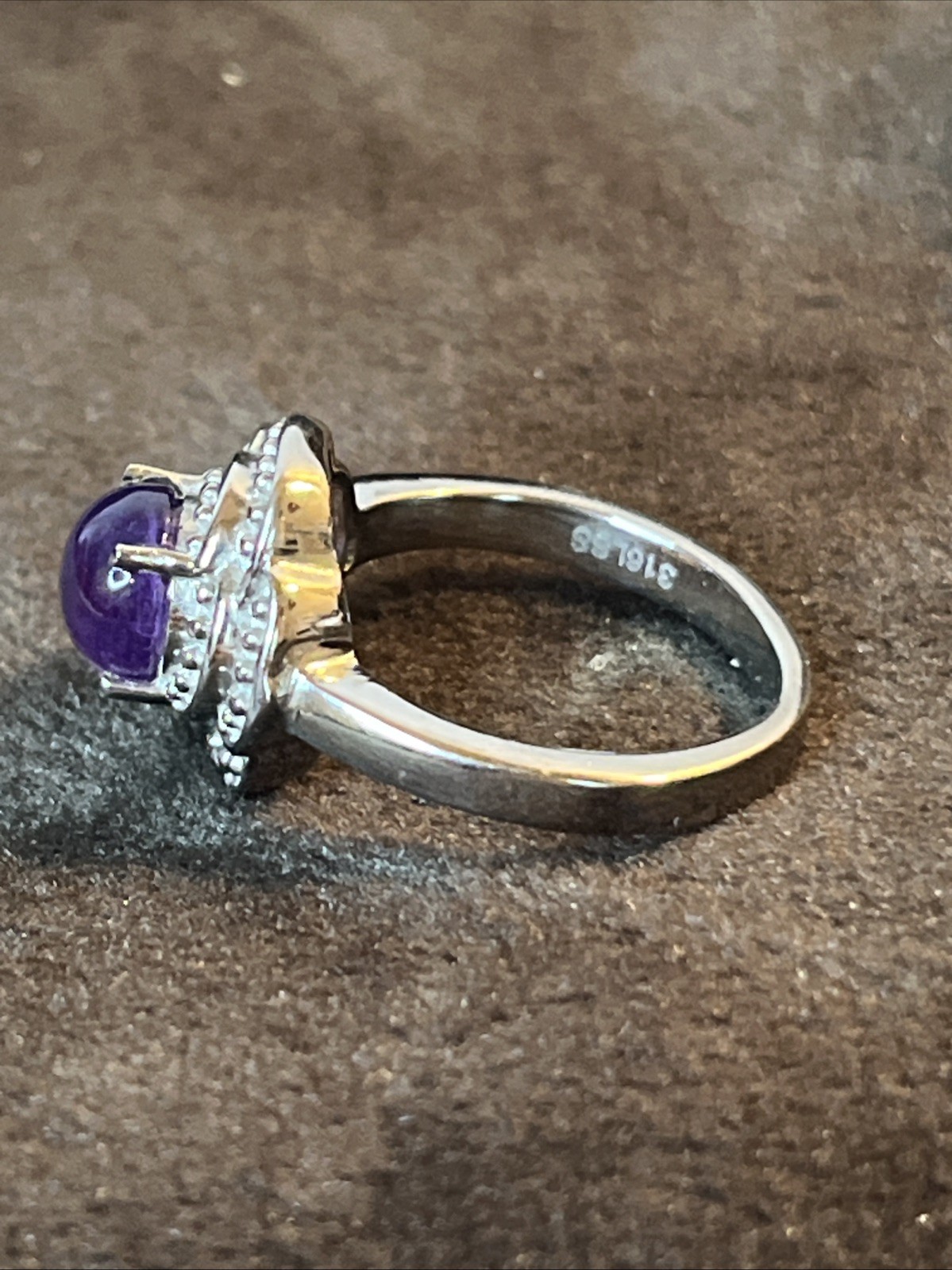African Amethyst Floral Pure Stainless Steel Ring Size 6