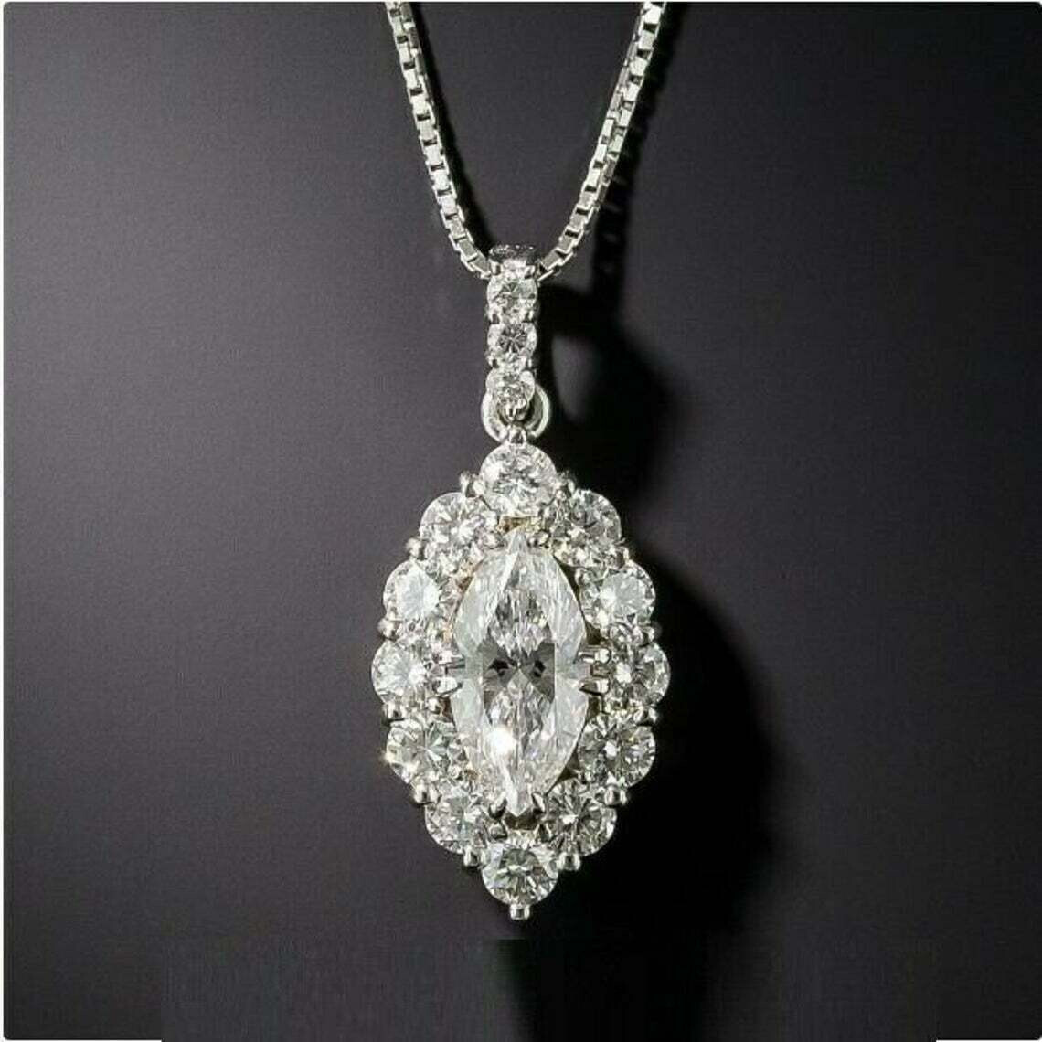 3 Carat Marquise Cut VVS1 Diamond Halo Pendant Necklace 14K White Gold Finish