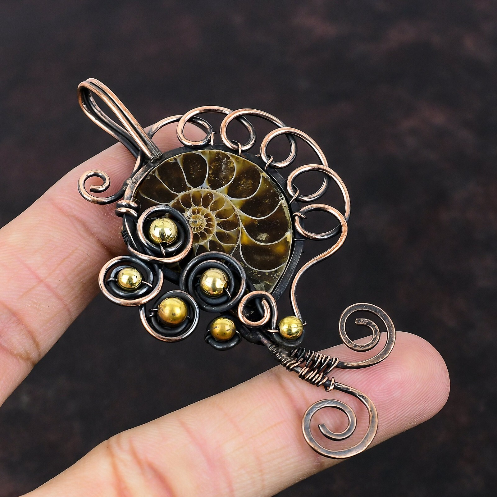 Ammonite Fossil Wire Wrapped Pendant Handcrafted Copper Unique Gift 3.23″