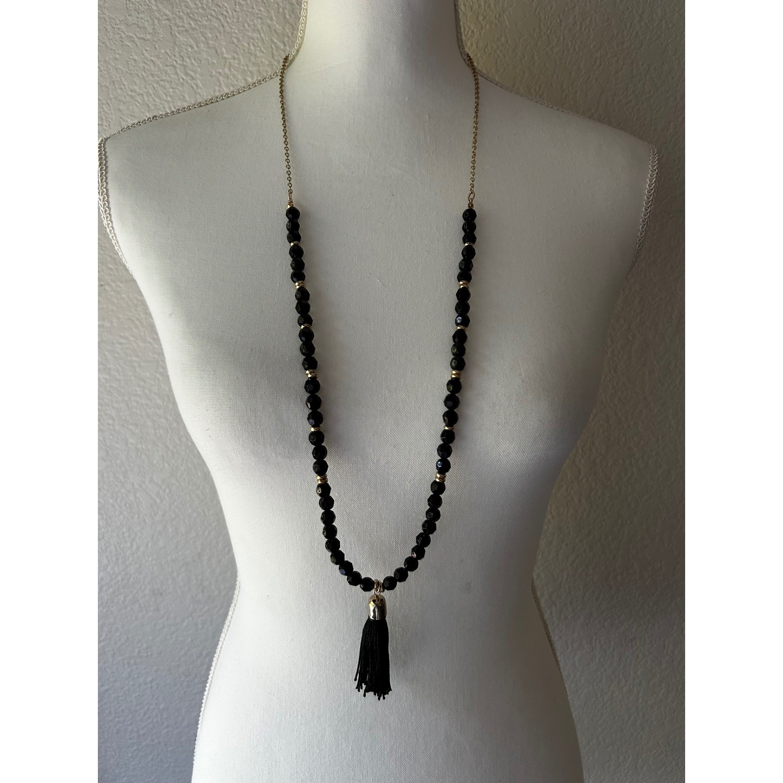 Black Faceted Bead Gold Tone Tassel Long Station Necklace 35.5 Inch