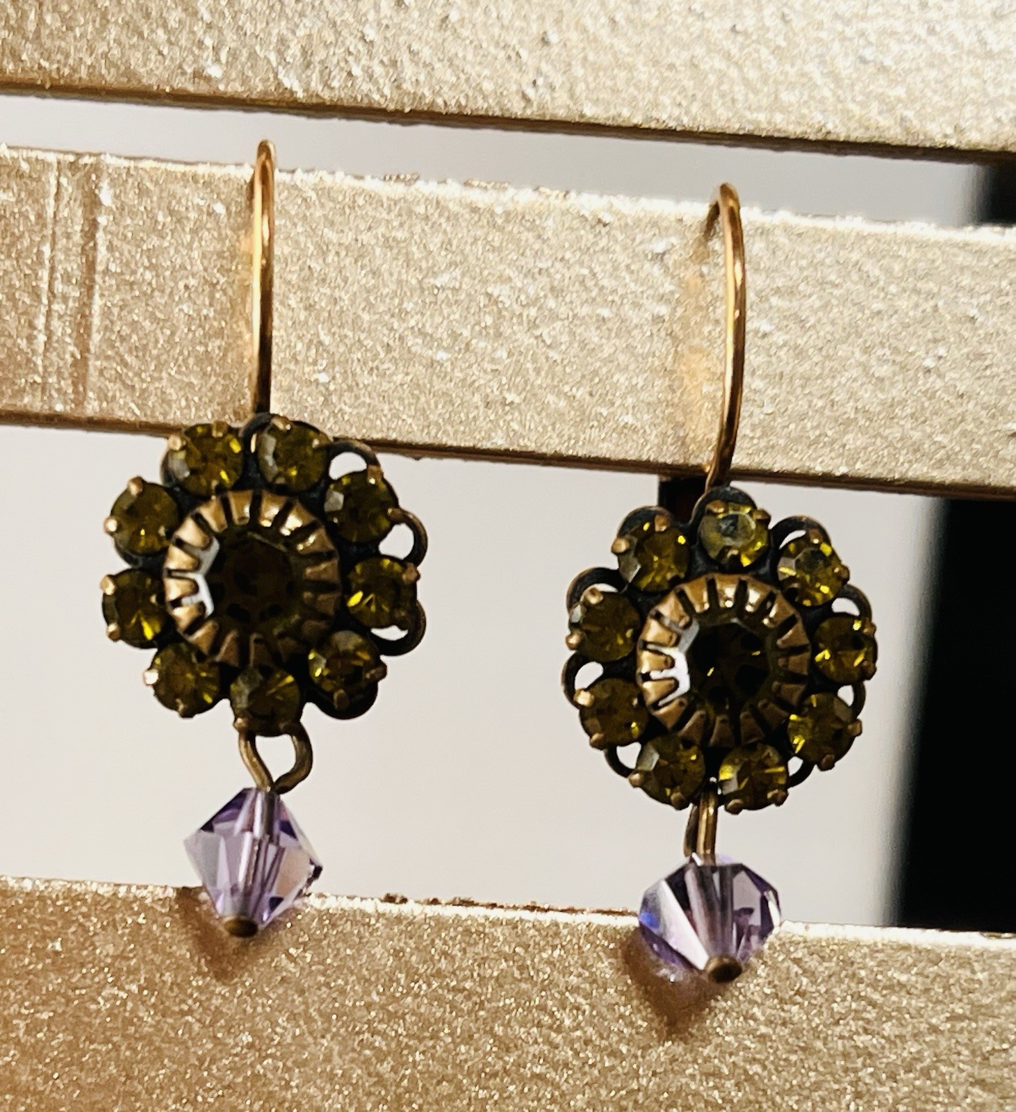 Signed Liz Palacios Lavender Green Swarovski Crystal Flower Drop Earrings
