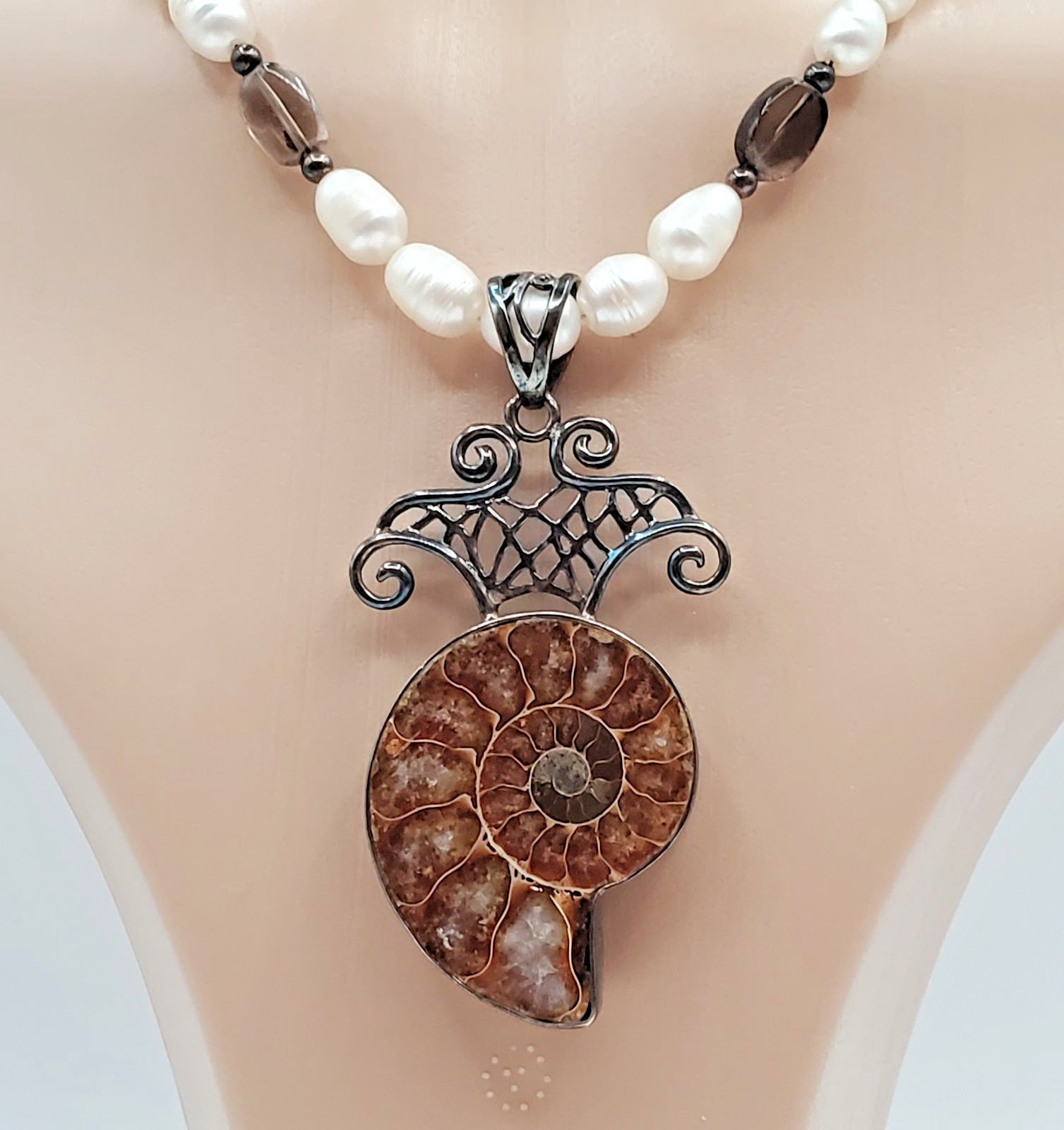 VTG 925 Ammonite Fossil Pendant Pearl Glass 16in Necklace Sterling Silver 40gtw