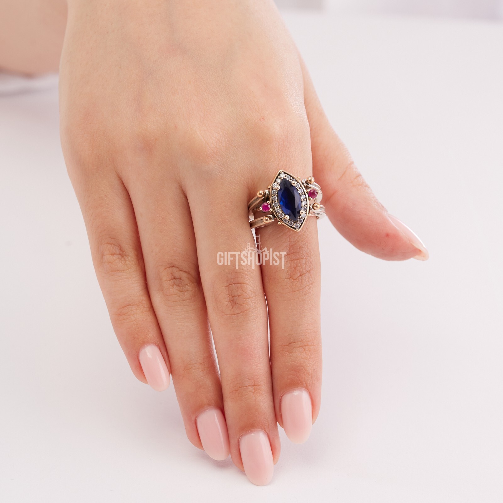 Turkish Reversible Marquise Sapphire Ruby Topaz 925 Sterling Silver Ring Size