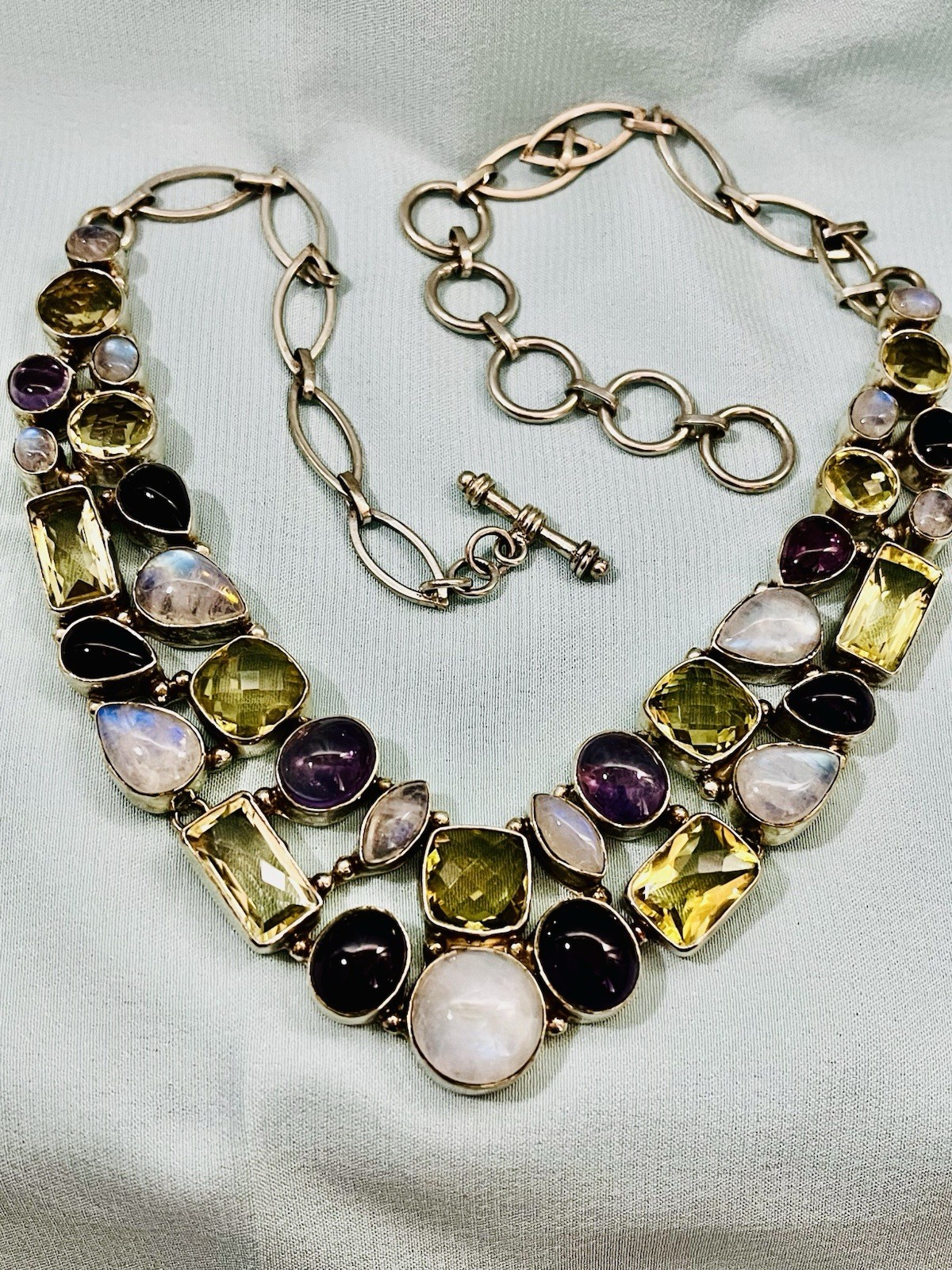 Sterling Silver Multi-gem Moonstone Tourmaline Amethyst Necklace Healing 96 Gram