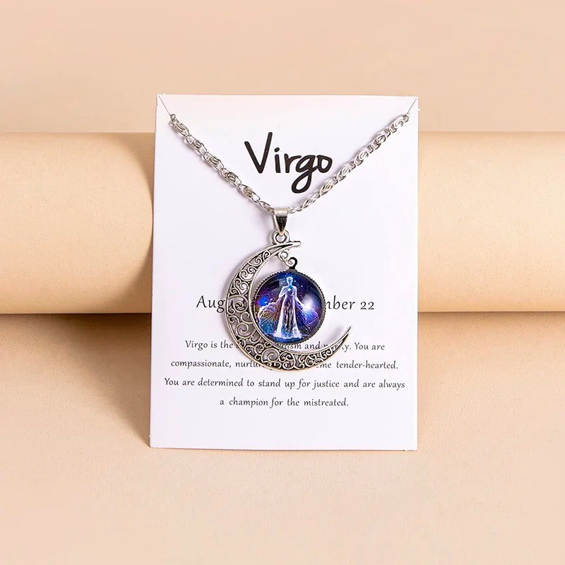 Moon Shaped Zodiac Sign Necklace Horoscope Astrological Pendant with 17″ Chain