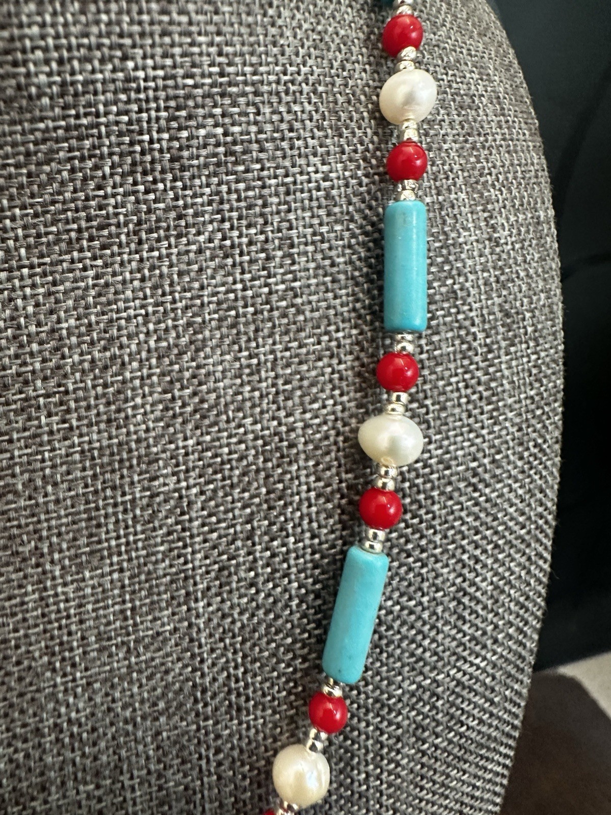 Turquoise, Red & Pearl Beaded Necklace – Handmade Jewelry