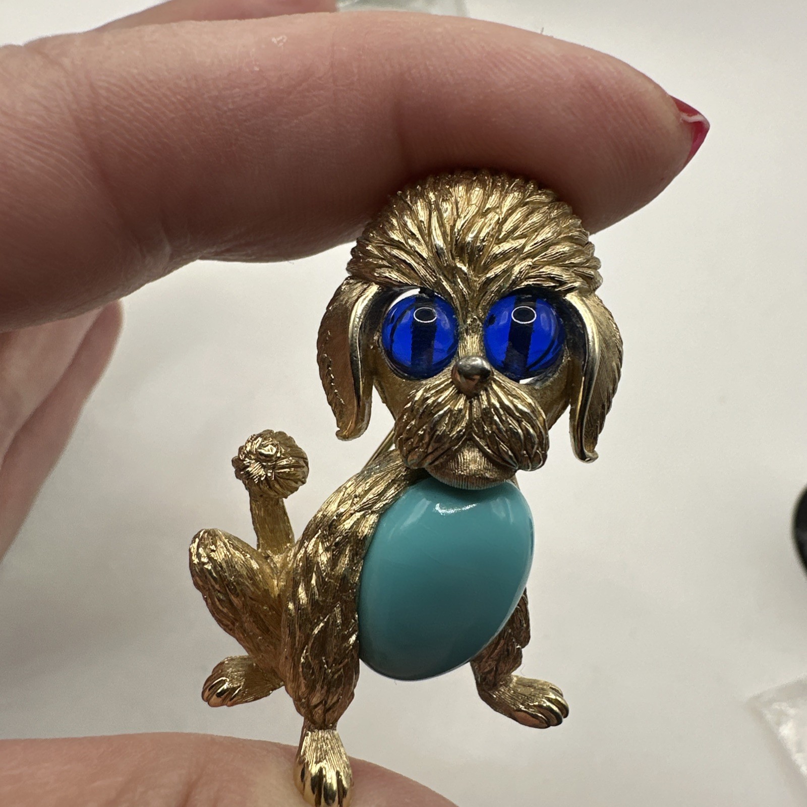 Rare Crown TRIFARI Animal Dog Poodle Turquoise Jelly Belly Vintage Brooch Pin