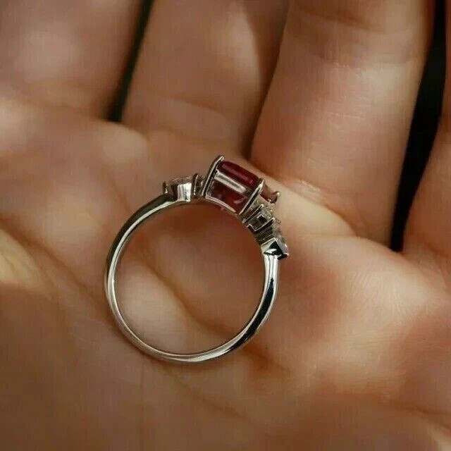 Emerald Cut Simulated Red Ruby 925 Silver Wedding Ring In 14k White Gold Plated