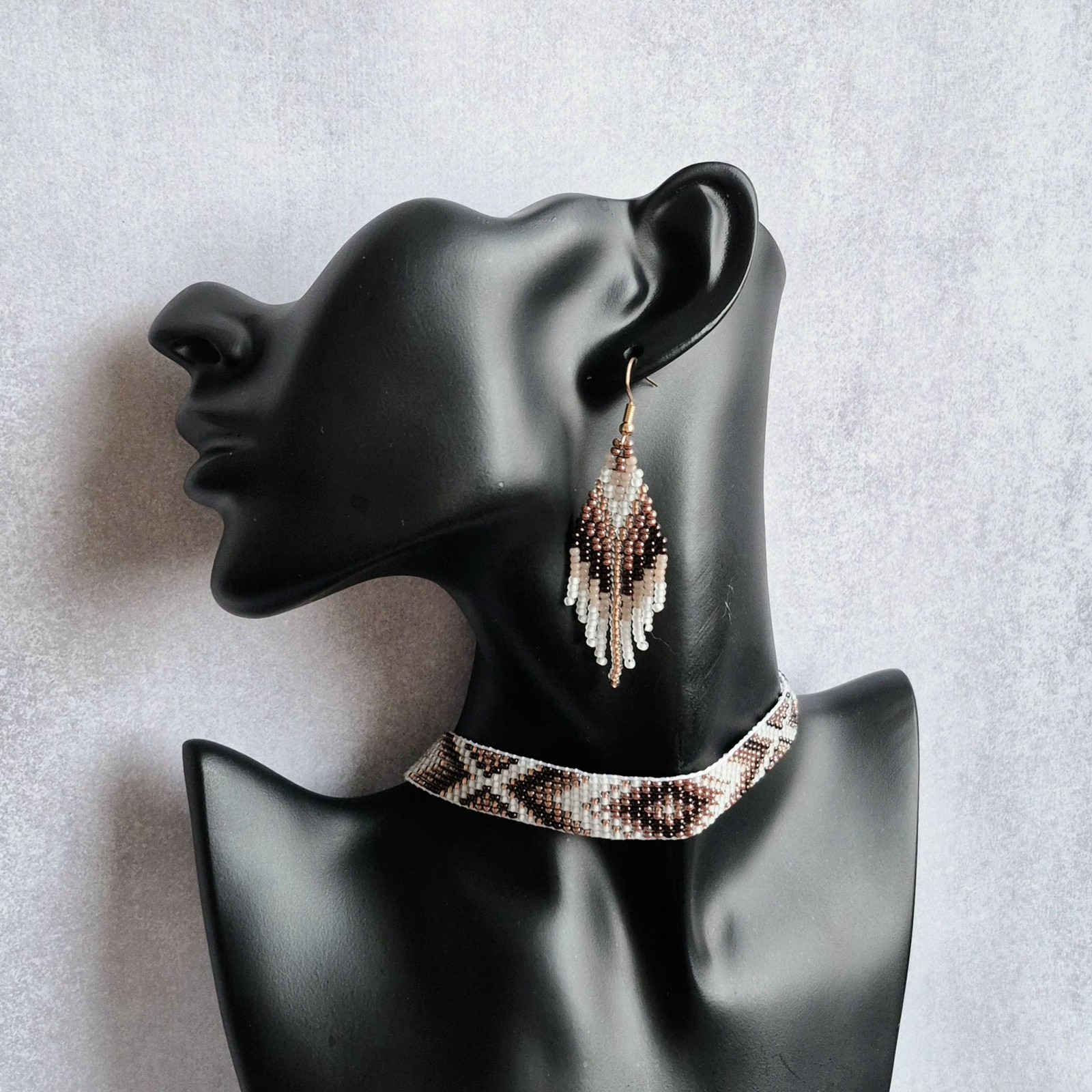 Brown and Gold Ukrainian Beaded Jewelry Set – Handmade Choker Necklace & Fringe