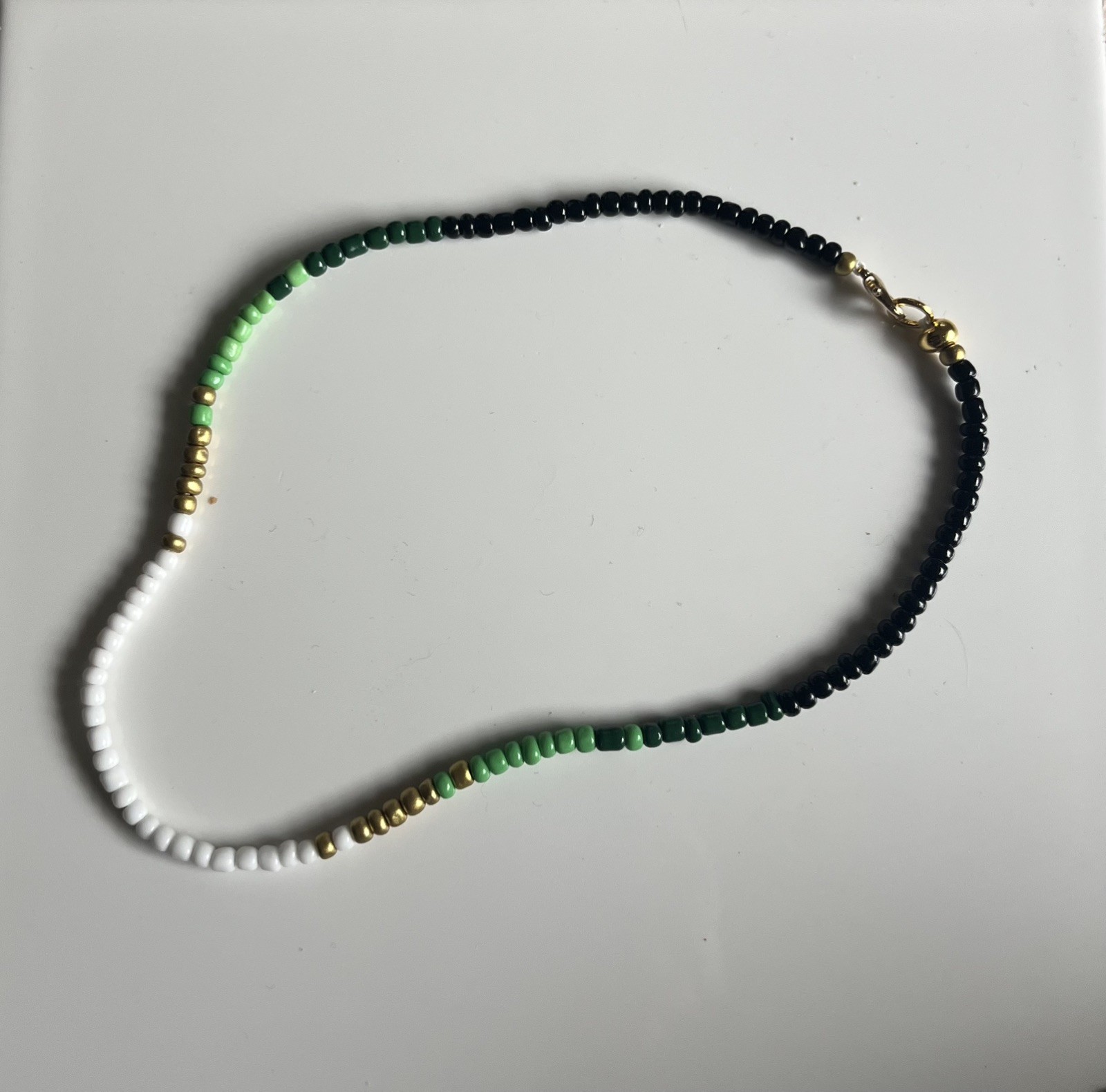 The Gilded Fern – Green/black/white Handmade glass seed bead Choker Necklace 16”