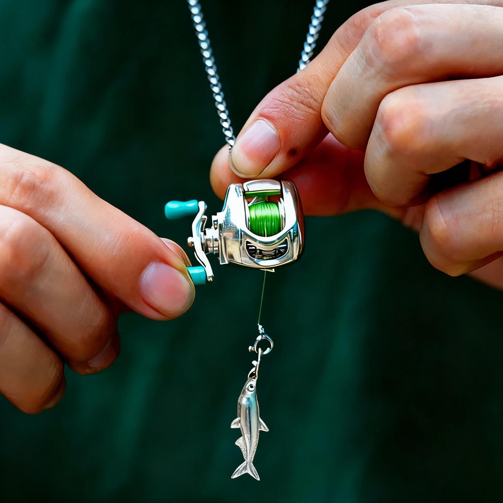 Fishing Reel Jewelry Set Realistic Sparkling Fishing Enthusiast Pendant Necklace