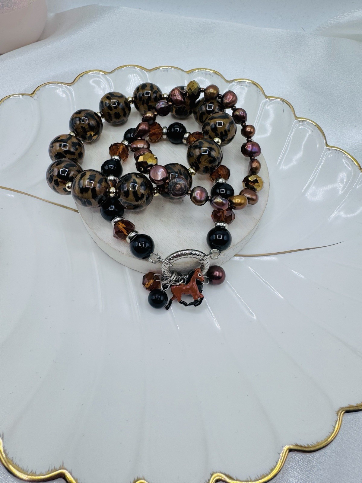 Western Horse Charm Stretch Bracelet Stack Set | Leopard Print, Faux Pearls