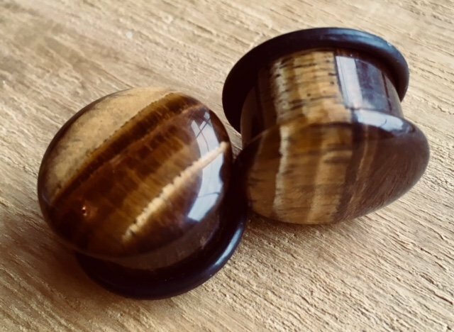 PAIR Single Flare Tiger Eye Stone Plugs Gauges Guages Earlets Body Jewelry
