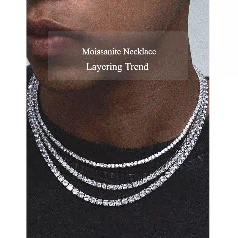 2.5-6.5mm Certified Moissanite Tennis Chain Necklace 925 Solid Silver Women Men