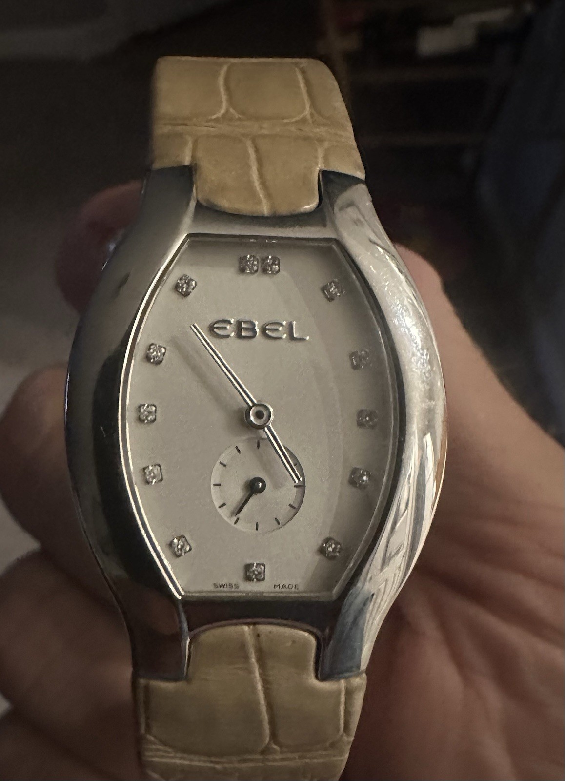 EBEL Beluga Tonneau Women’s Quartz Watch, SS Case, Silver Dial, Diamond, Beige