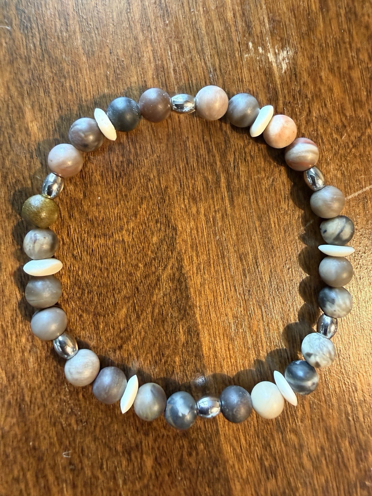 Ocean Brown Gray White Stone Round Bead Stretch Bracelet White Spacers Stackable