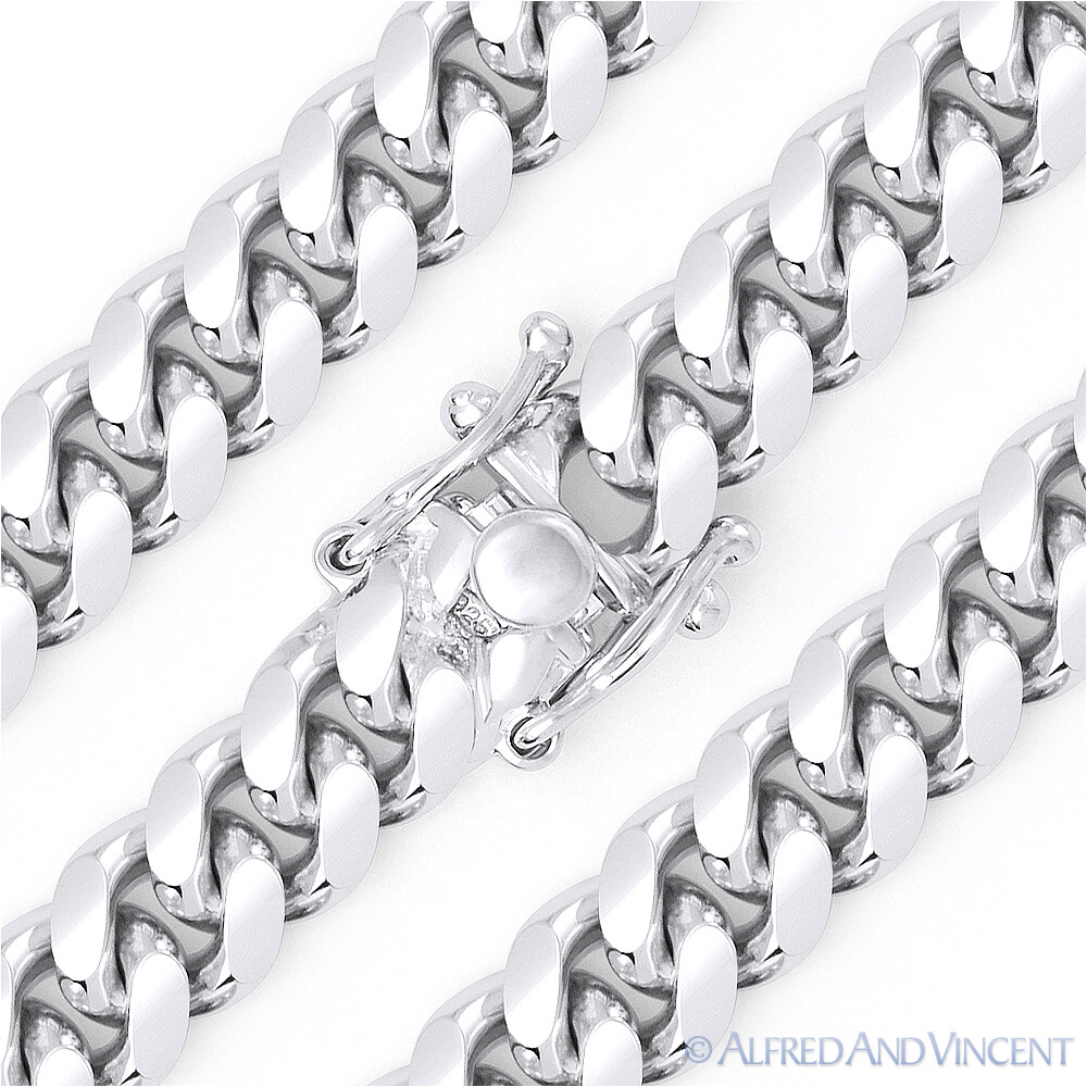 9.7mm Miami Cuban Curb Link Italy .925 Sterling Silver w/ Rhodium Chain Bracelet