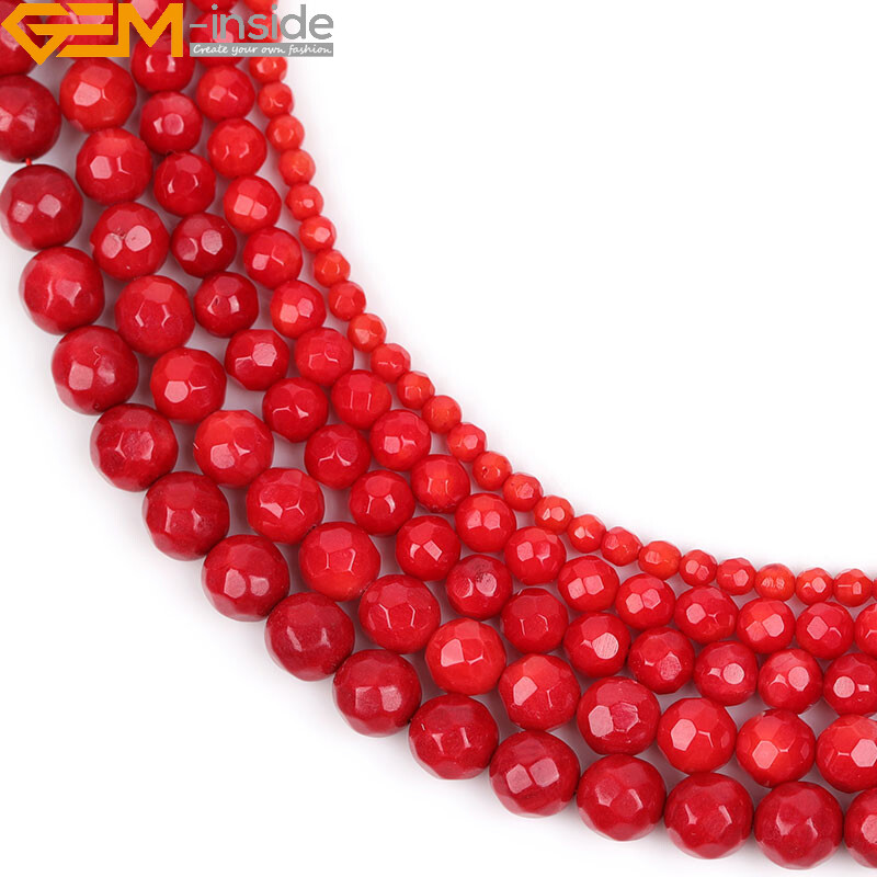 Faceted Red Coral Beads 15″ – Dyed Round Loose Gemstone Jewelry Making Strand”