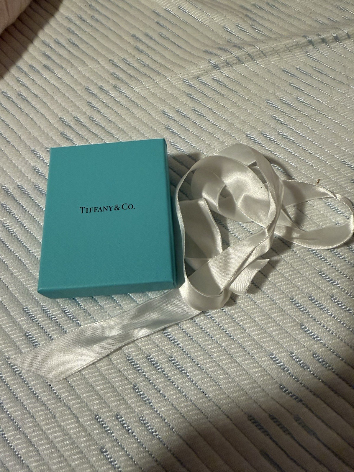 Tiffany & Co. Blue Square Jewelry Gift Box w/ White Ribbon & Jewelry Pouch