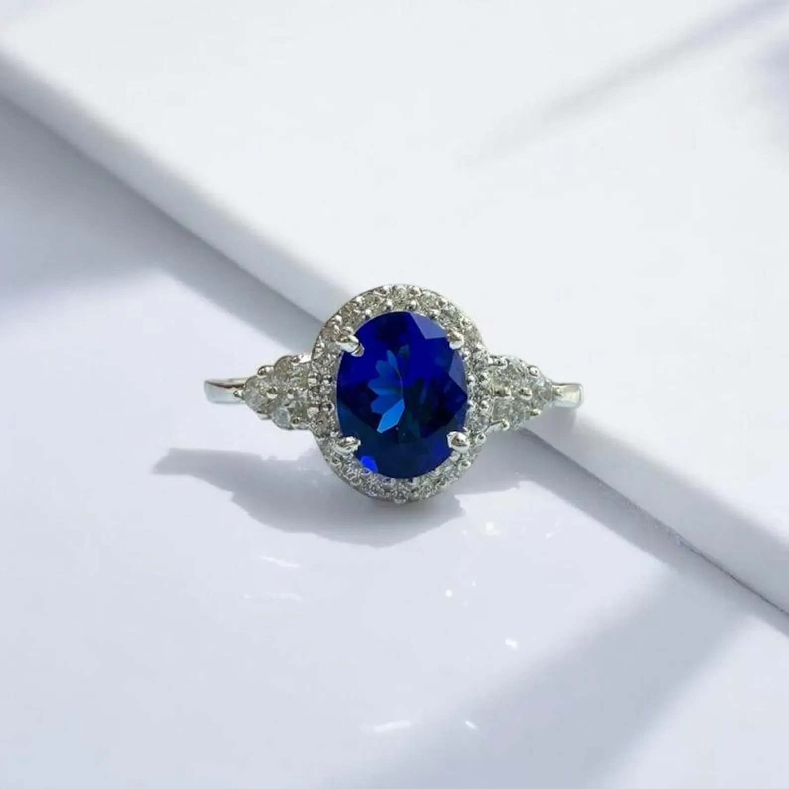 4.70 Ct Oval Cut Natural Sapphire Diamond Engagement Ring 14K Solid White Gold 6