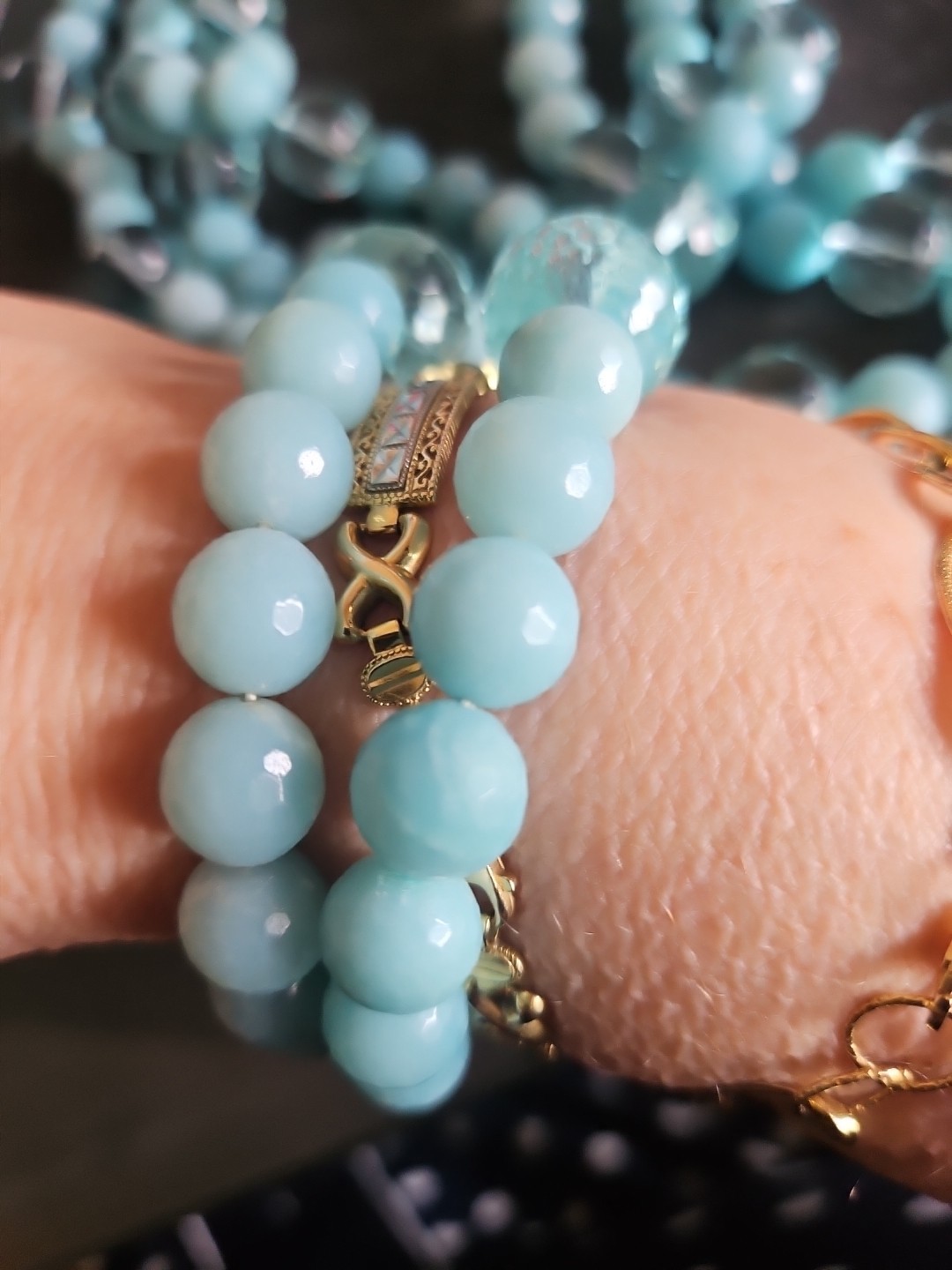 LP Genuine Stones Amazonite Bids & Blue Topaz 3 Strands Silver 925 Necklace 22″