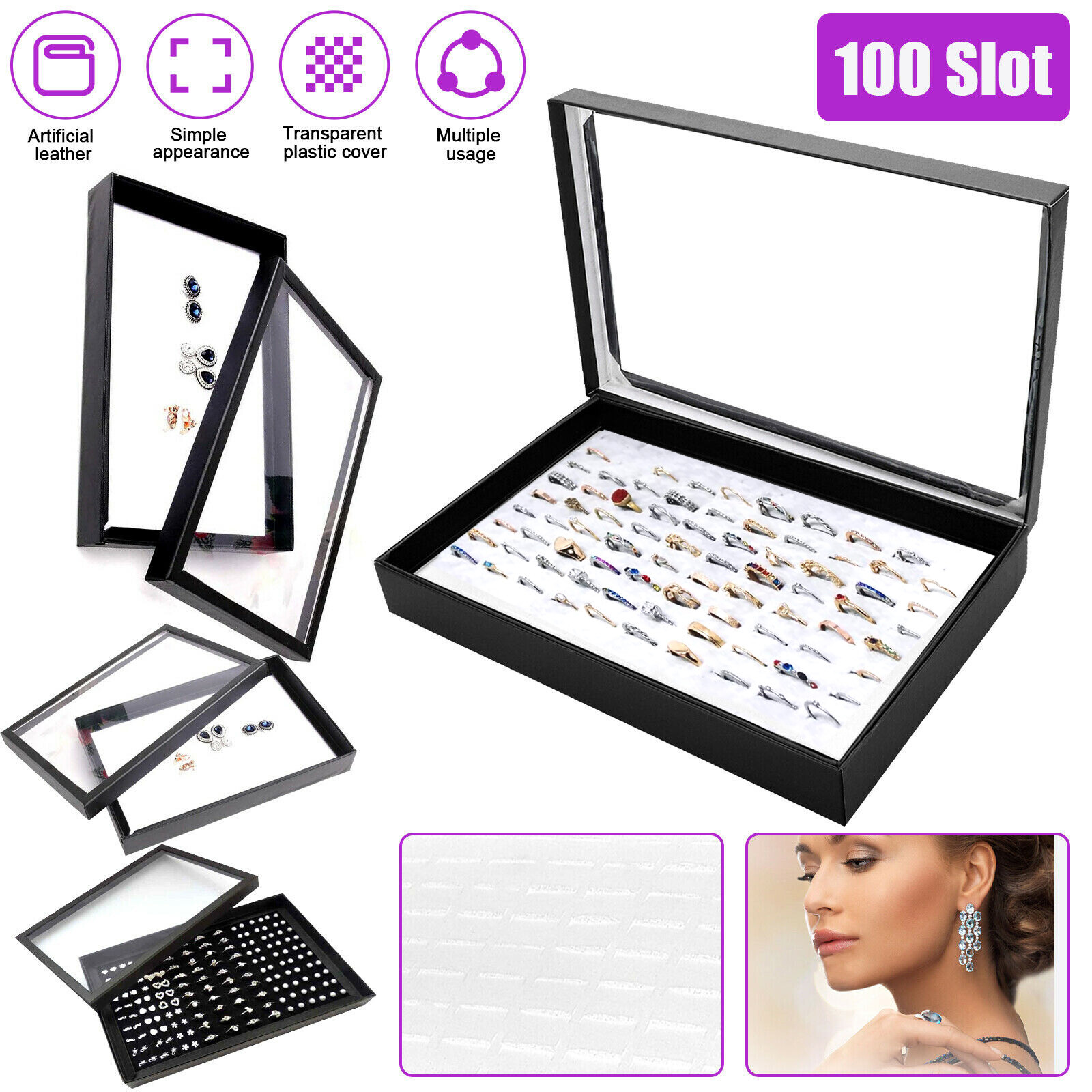 100 Slots Jewelry Ring Display Organizer Case Tray Holder Earring Storage Box