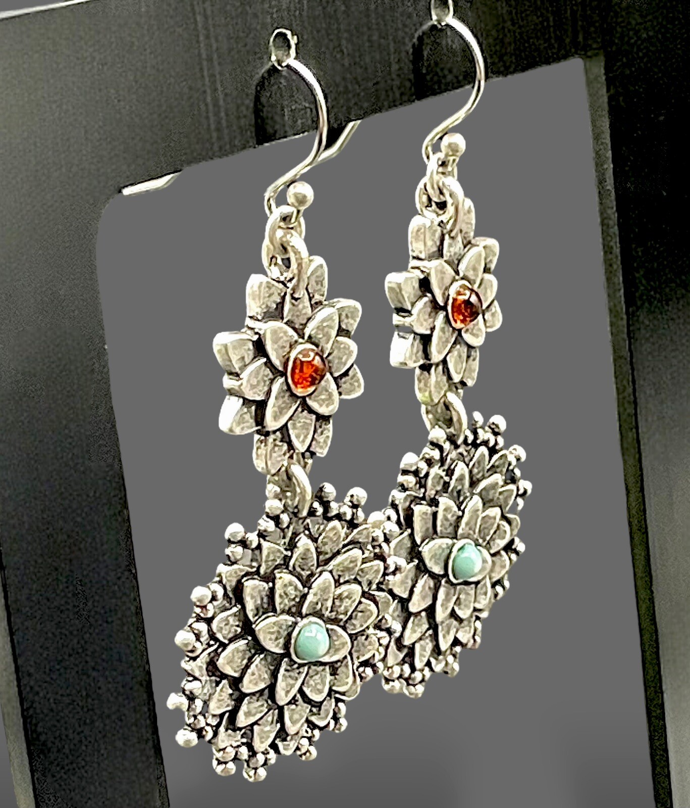 Double LOTUS DANGLE EARRINGS Boho Silver Tone Faux Turquoise Amber EUC🔥!SALE!🔥