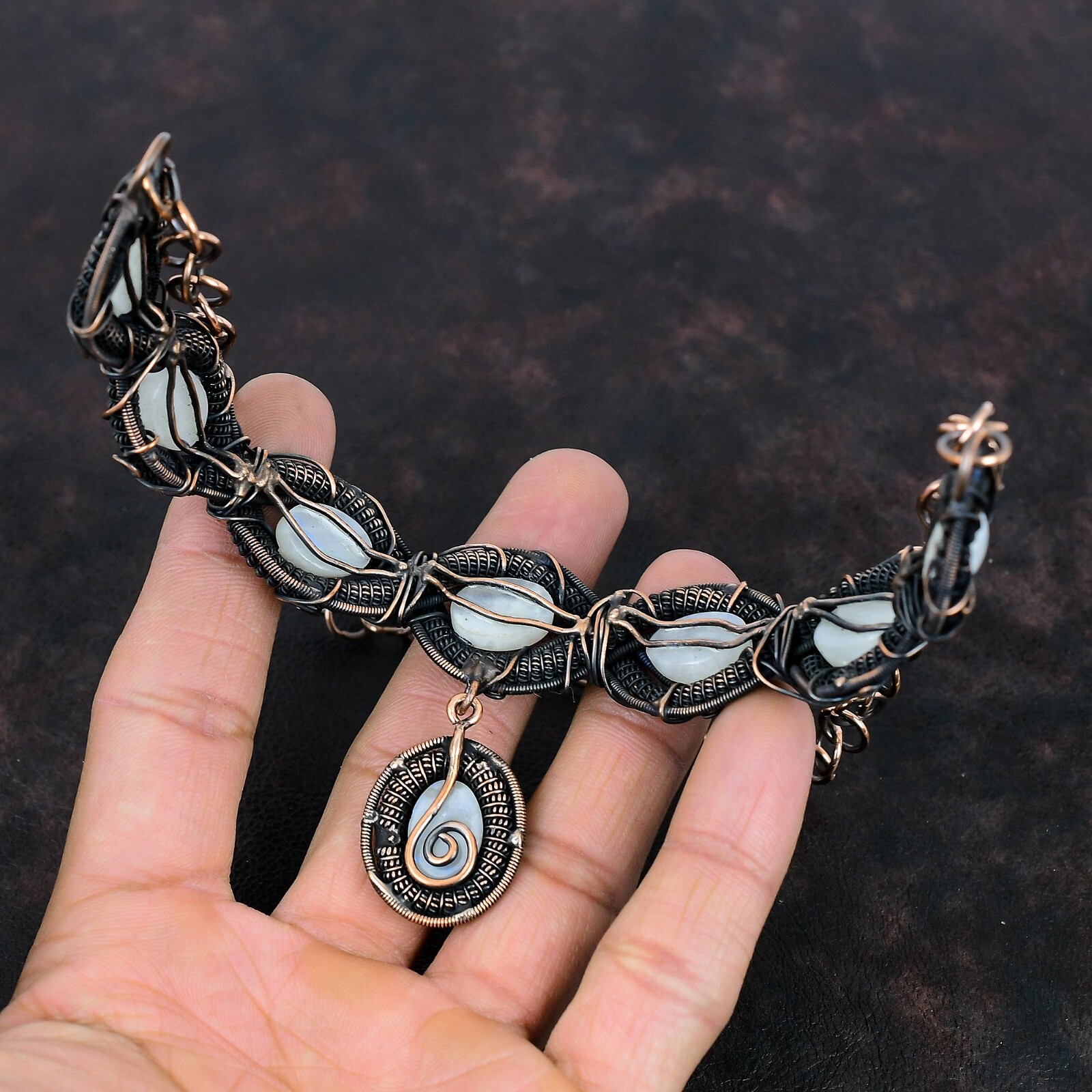 Rainbow Moonstone Wire Wrapped Chain Adjustable Necklace Copper For Girls 18.0″