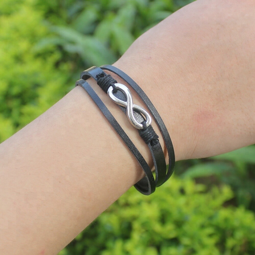 DEZILOO Infinity Symbol Love Bracelet Multilayer Leather Bangle Cuff Black
