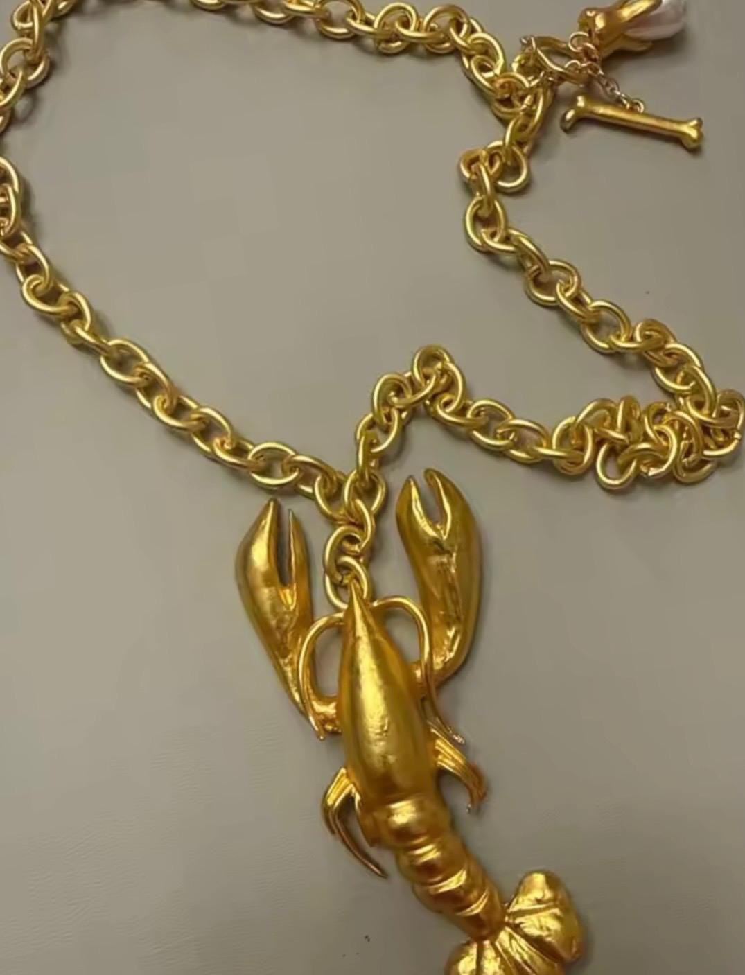 Gold Color Plated Brass Lobster Pendant Necklace Chunky Statement Vintage Style
