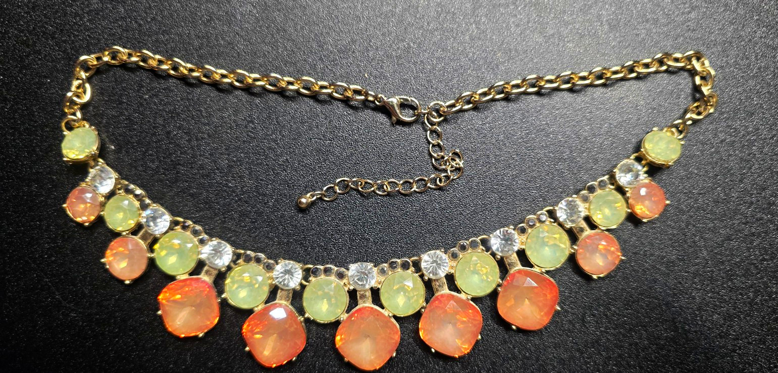 Gold Tone Statement Bib Necklace Pink & Light Green Crystal Cable 19-24″