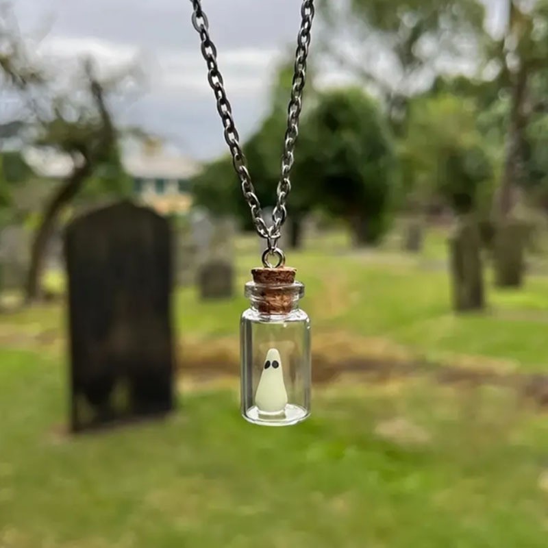 Glow in the Dark Ghost in a Bottle Necklace Luminous Halloween Spooky Jewelry
