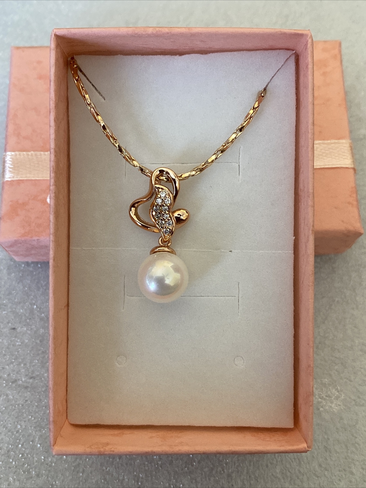 Pretty New Rose Gold Plated White Pearl & Clear CZ Accent Heart Pendant Necklace