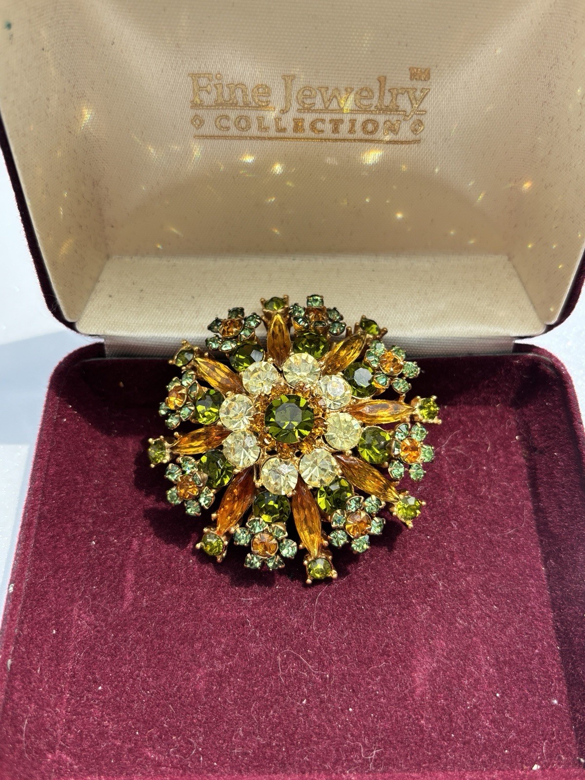 Gold Tone Green Amber Clear Rhinestone Flower Brooch Pin, Round Stones