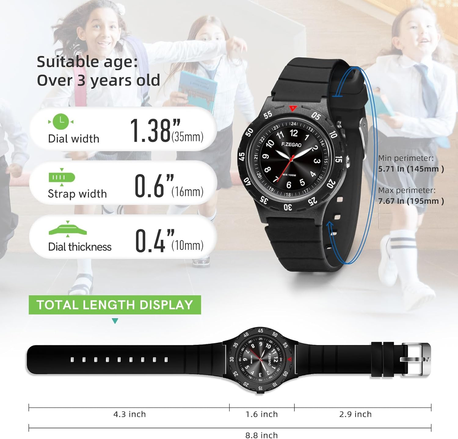 Kids Waterproof Watch for Boys Girls 10ATM, Kids Analog Watch with Second Hand E