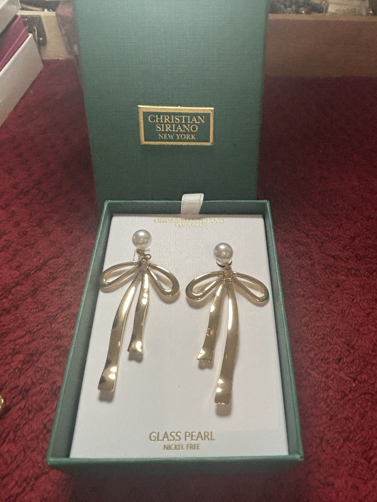 Christian Siriano Gold Tone Bow Dangle Earrings White Glass Pearl Nickel-Free