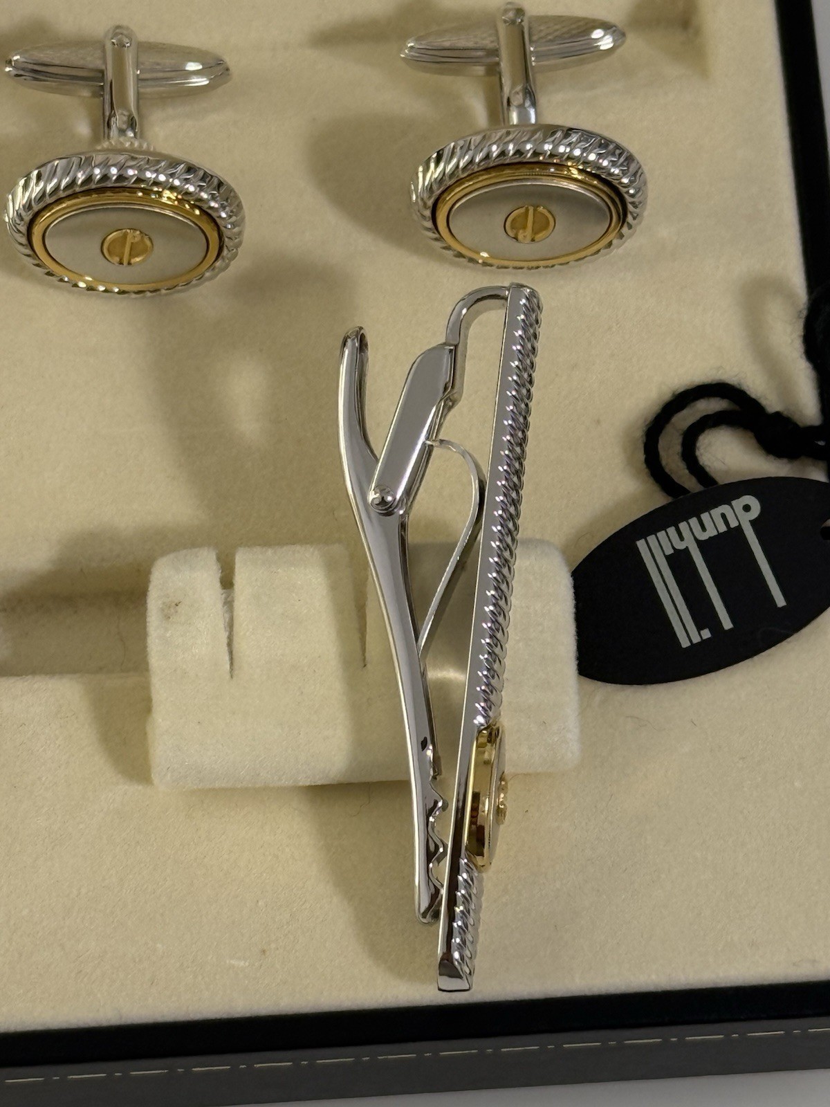 Dunhill Cufflinks & Tie Clip Set Two-Tone Silver Gold Tone Boxed