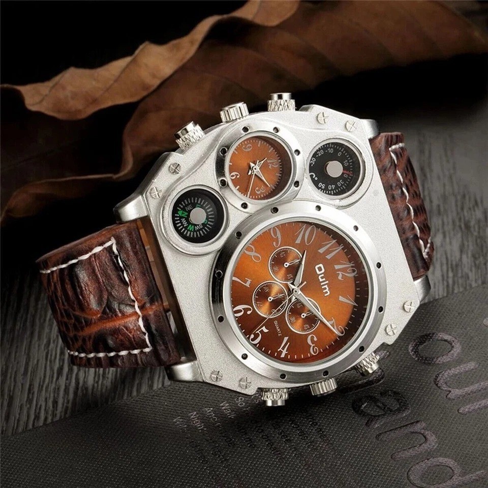 Two Time Zones Men Army Sports Fashion Big Dial Leather Strap Quartz Wrist Watch