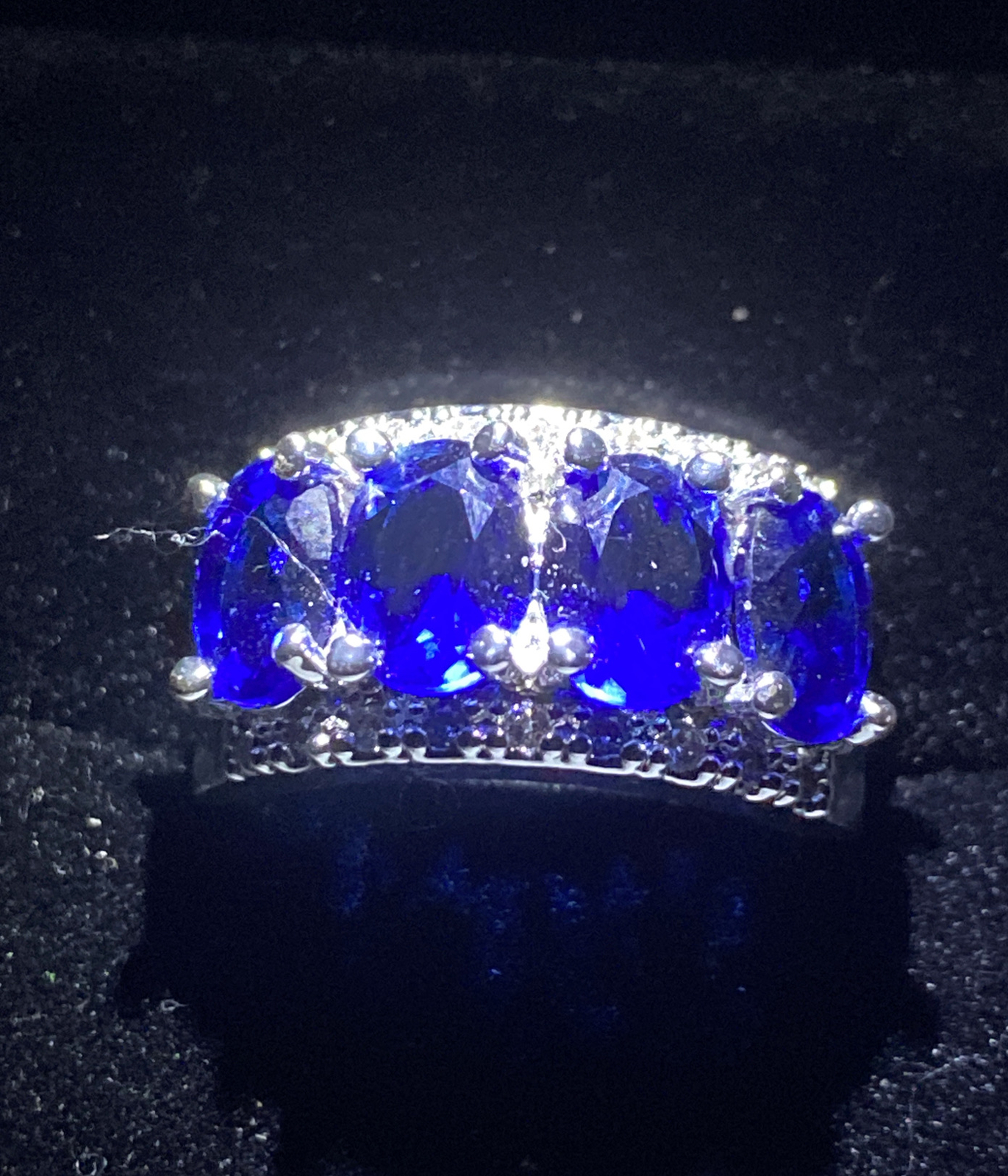 Created White Sapphire And Blue Diamante Ring. 4 Stone Wide Band Size P1/2 56