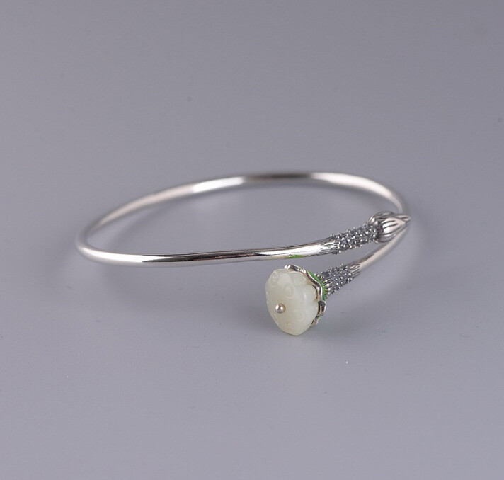 I05 Bangle Silver 925 with Lotus Flower Bud White Jade Cloisonne Green
