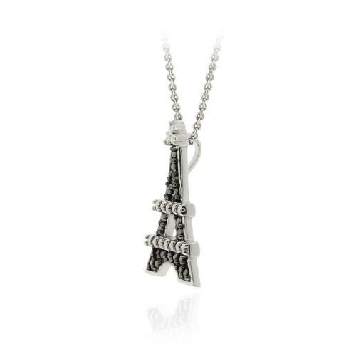 Sterling Silver Black Diamond Accent Eiffel Towers Necklace, 18″
