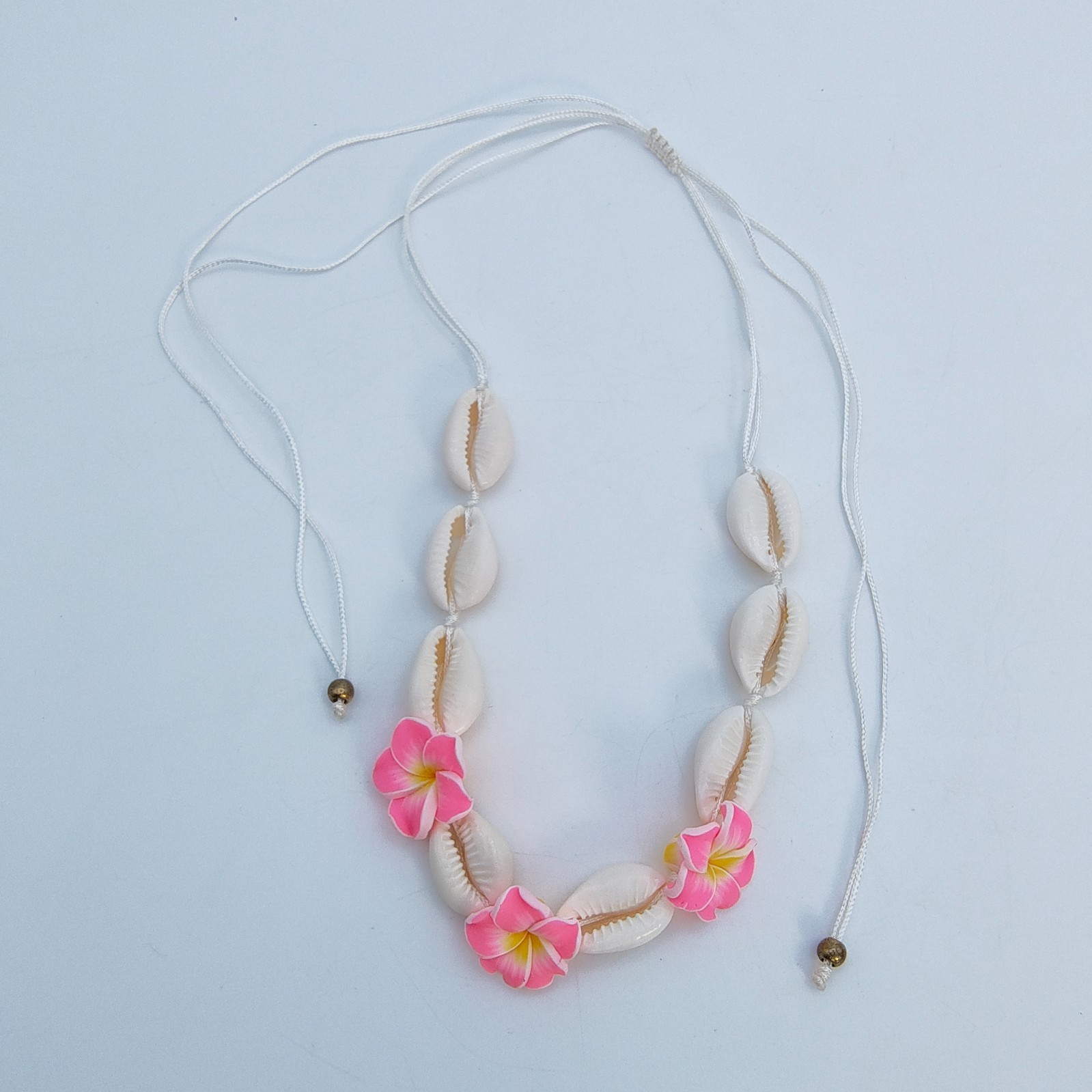 Cowrie Shell Plumeria Pink Flower Choker Necklace Adjustable Hawaiian Beach Boho