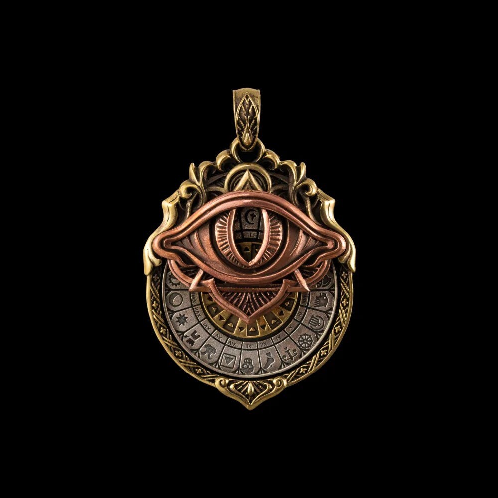 Tarot Vision Pendant. Vintage Astrology Jewelry. Brass Round Pendant for Men
