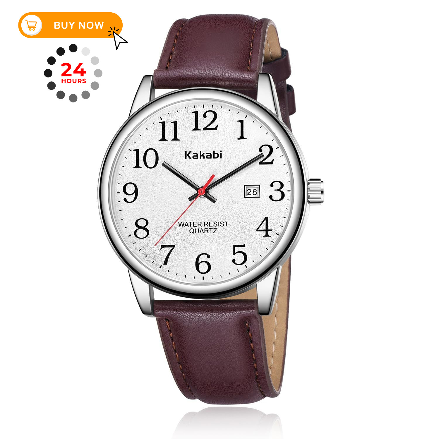 Kakabi Watch for Men, Easy Reader Unisex 03-Reddish-brown/Silver-Tone/White